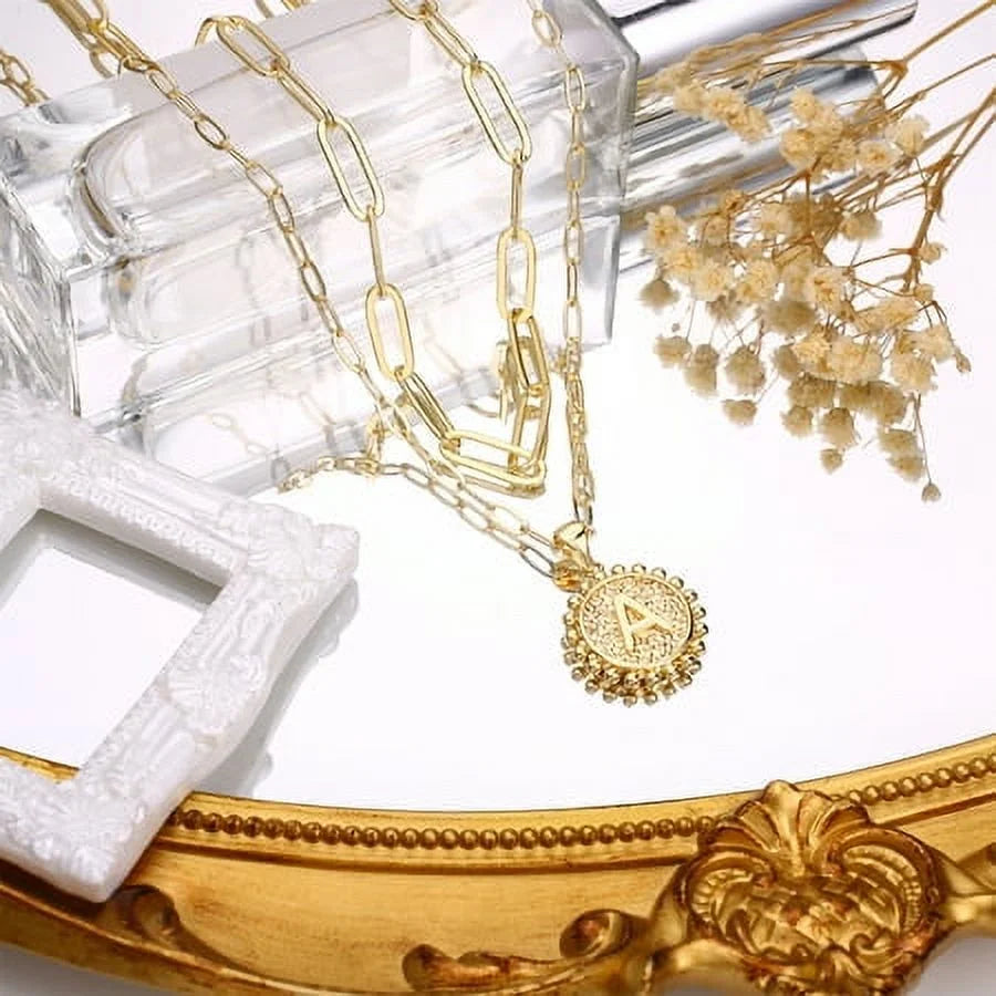 Gold Initial Necklaces for Women Layering Paperclip Link Coin Jewelry Gift