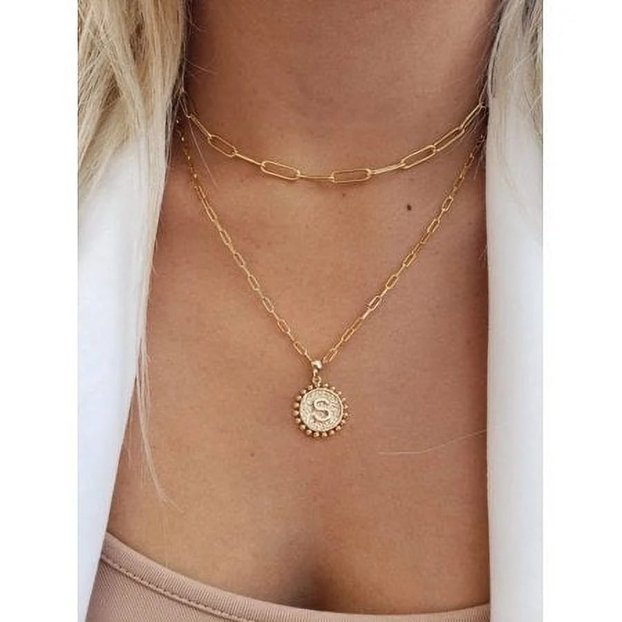 Gold Initial Necklaces for Women Layering Paperclip Link Coin Jewelry Gift